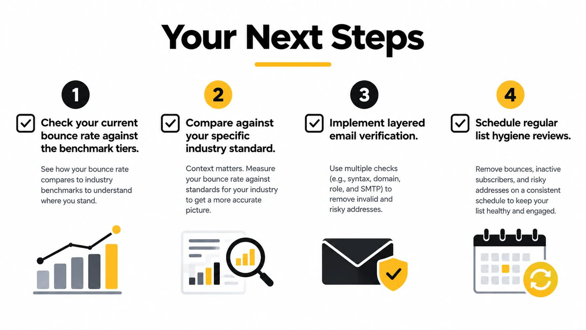 Infografía de cuatro pasos que muestra cómo gestionar y mejorar las tasas de rebote de correo electrónico para obtener mejores resultados de marketing.