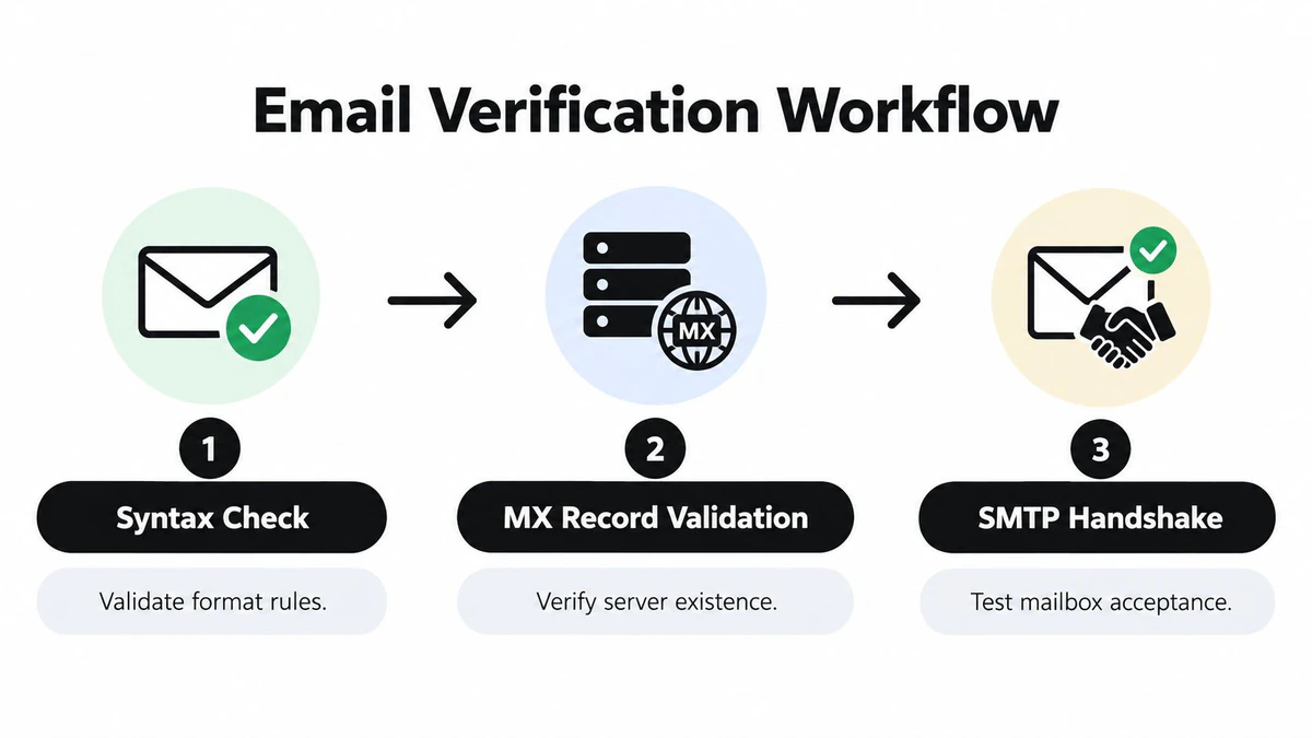 Diagrama que ilustra el flujo de trabajo de tres pasos para la verificación de correo electrónico, incluida la comprobación de sintaxis, la validación de registros MX y el handshake de SMTP.
