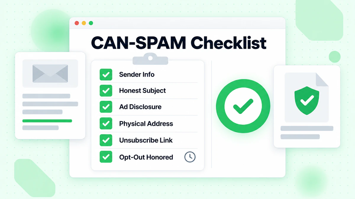 CAN-SPAM checklist with sender info, honest subject, physical address and unsubscribe link ticked