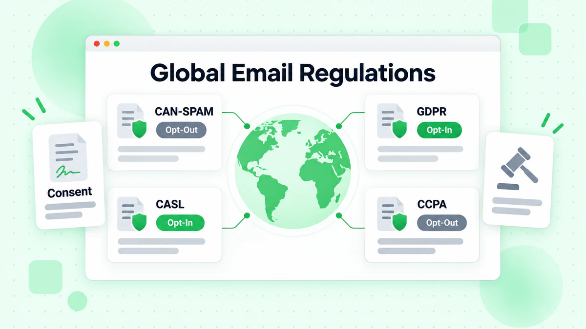 Global email regulations overview: CAN-SPAM, GDPR, CASL and CCPA cards grouped by opt-in or opt-out model