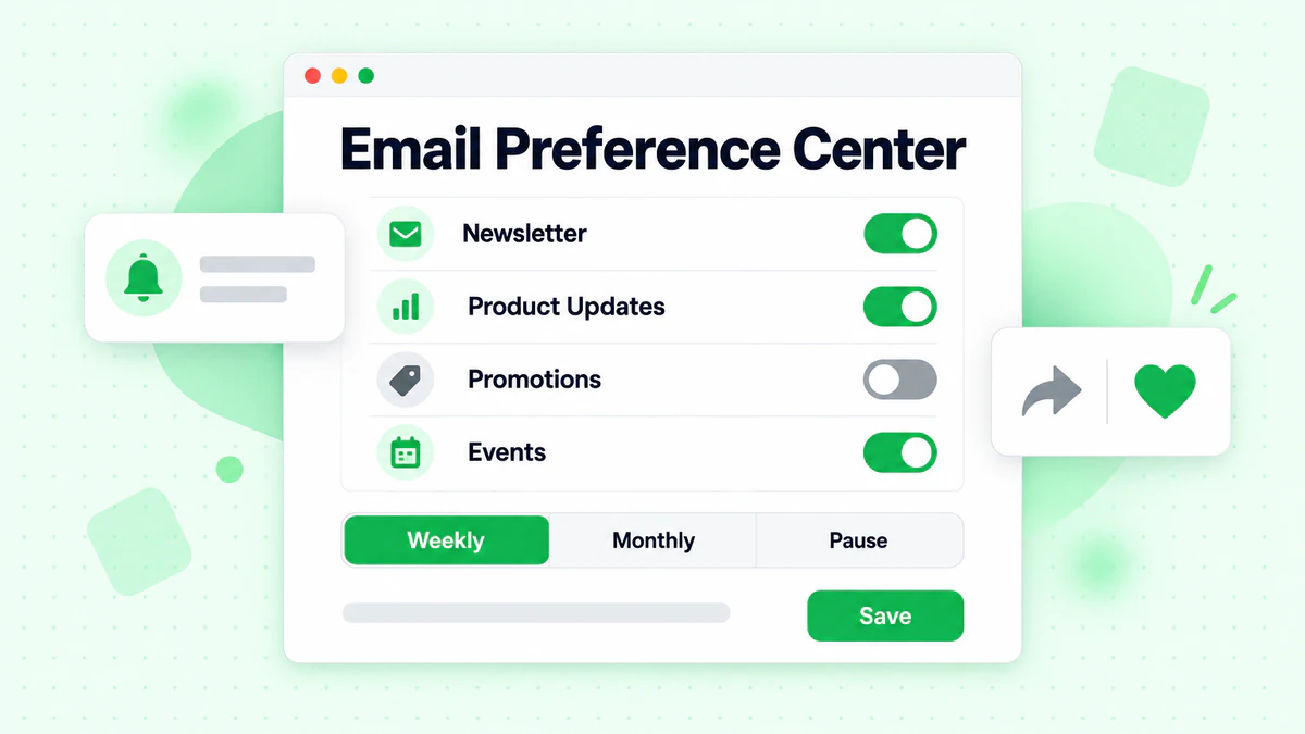 E-Mail-Preference-Center mit Themenschaltern für Newsletter und Angebote sowie Frequenzauswahl