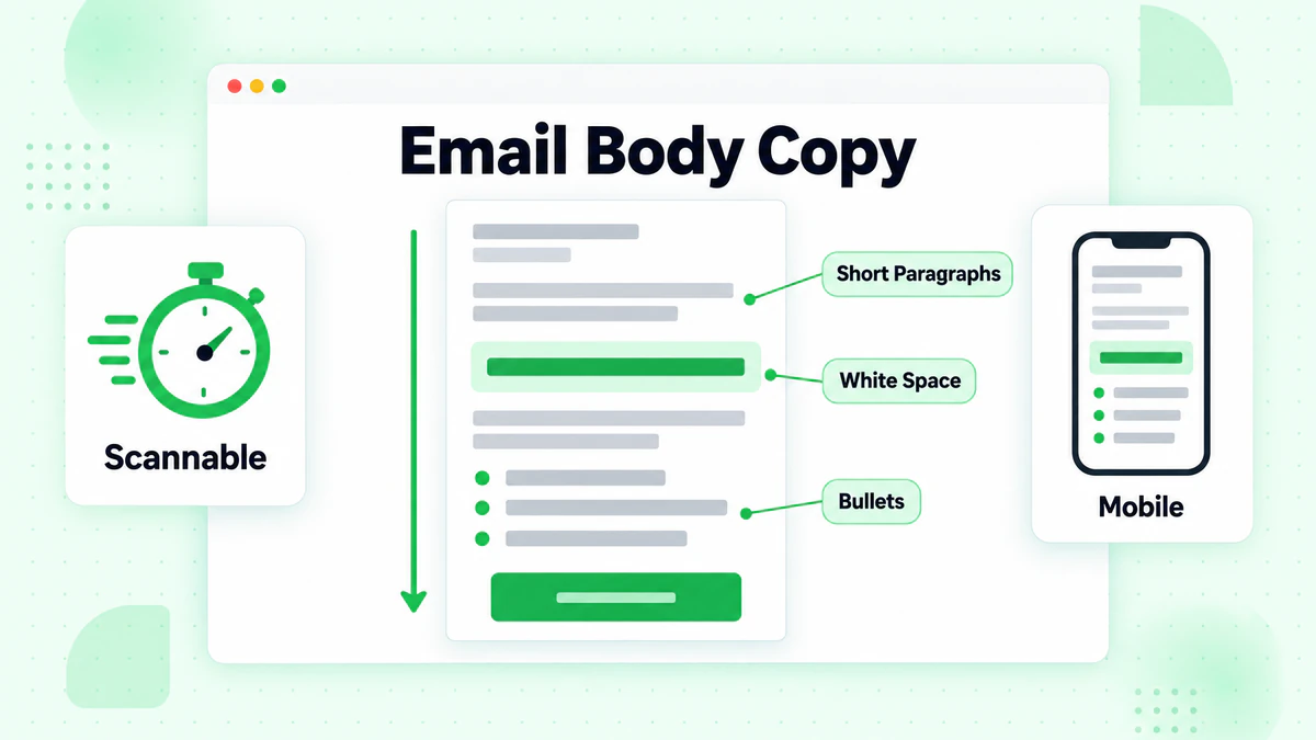 Email body copy layout with short paragraphs, white space and bullets that keep readers scanning