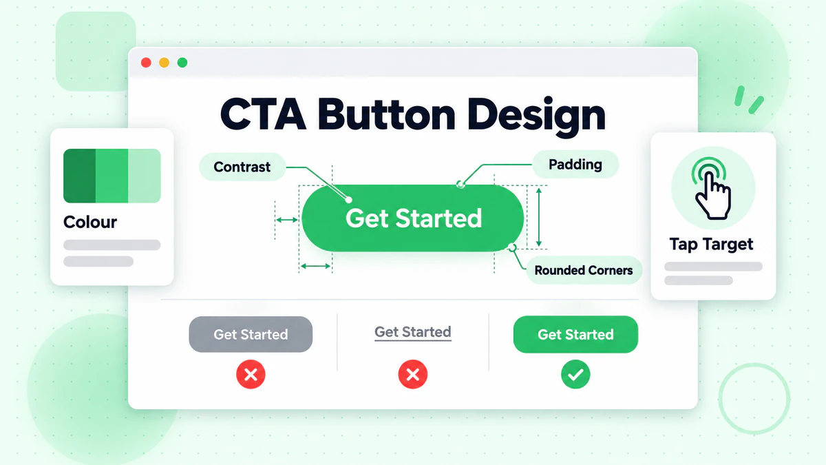 Muestra de diseño de botones CTA con contraste, relleno y esquinas redondeadas en un botón verde