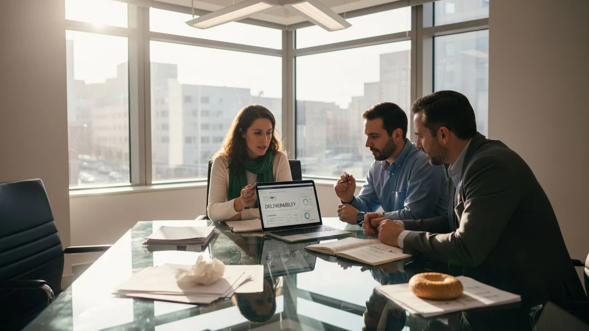 Three colleagues at a glass table reviewing a laptop showing email deliverability best practices
