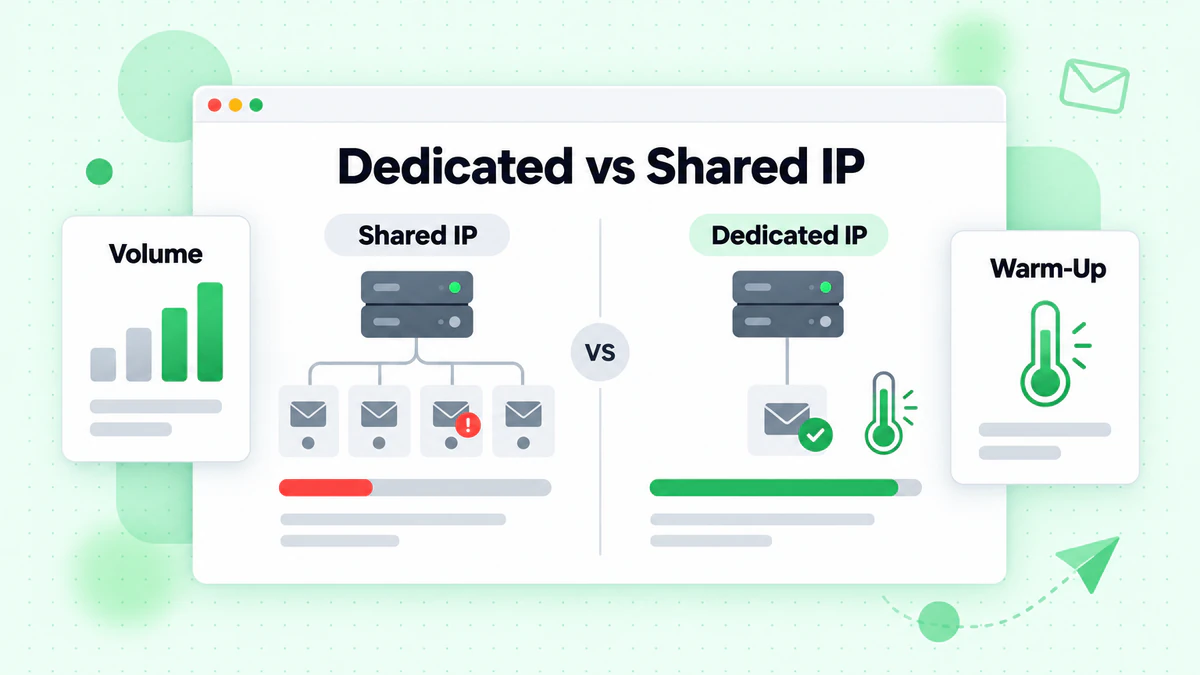 Dedicated vs shared IP diagram comparing a pooled sending server with a single warmed-up sender