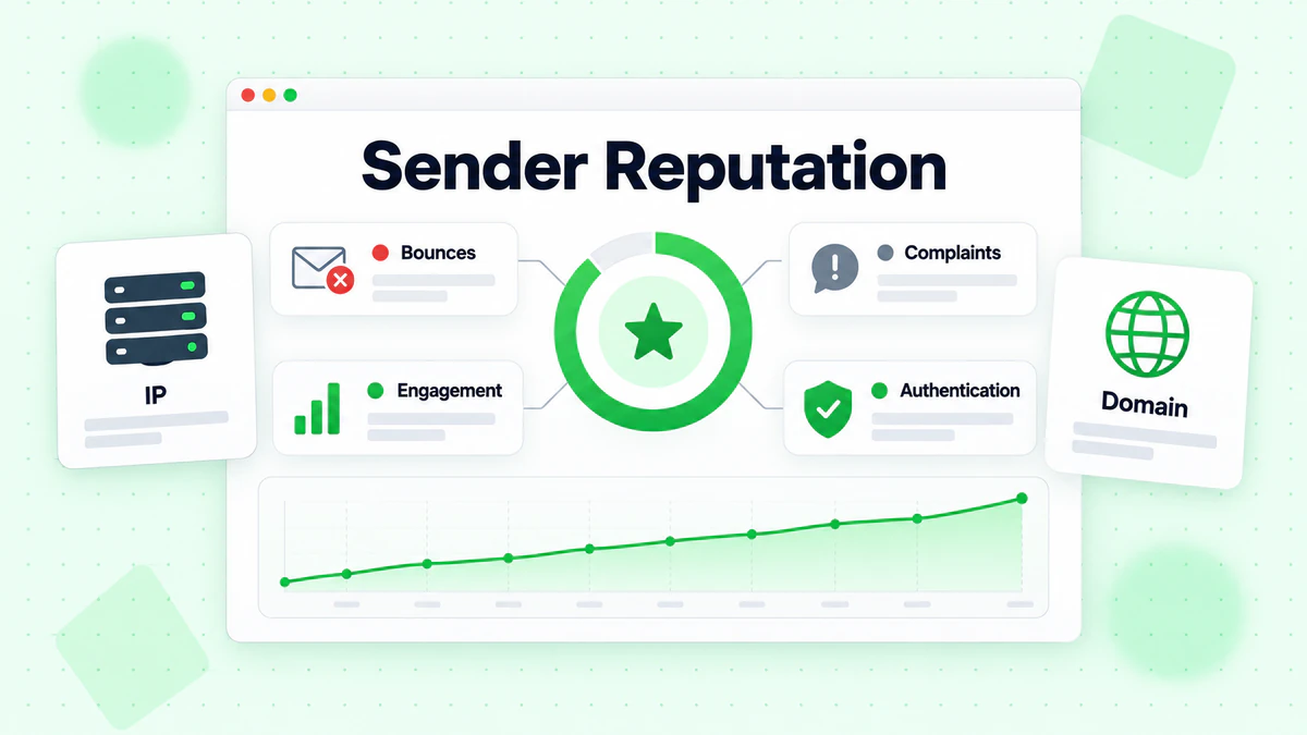 Sender reputation gauge built from bounces, complaints, engagement and authentication factors