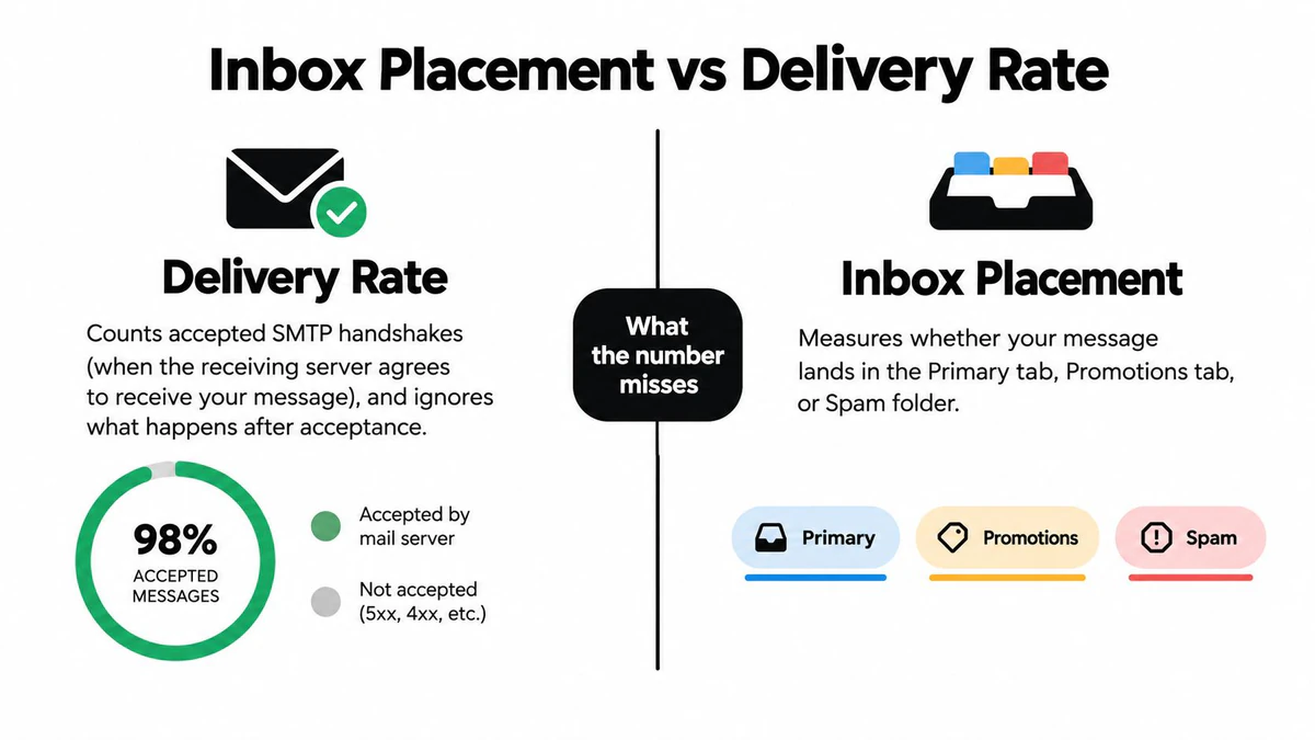 An infographic comparing email delivery rate and inbox placement as metrics for email marketing effectiveness.