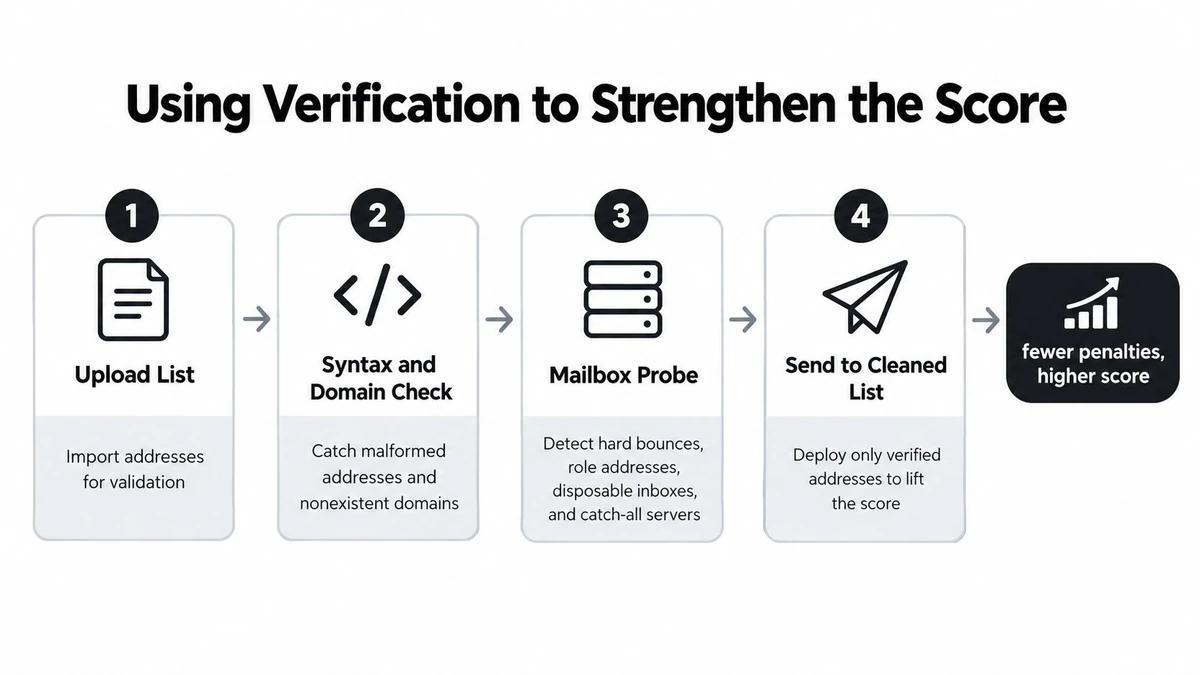 A four-step infographic illustrating the email verification process to improve sender reputation and email deliverability scores.