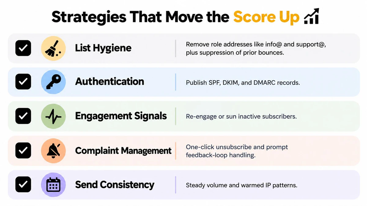 A list of five essential strategies including list hygiene, authentication, and consistency to improve email deliverability score.