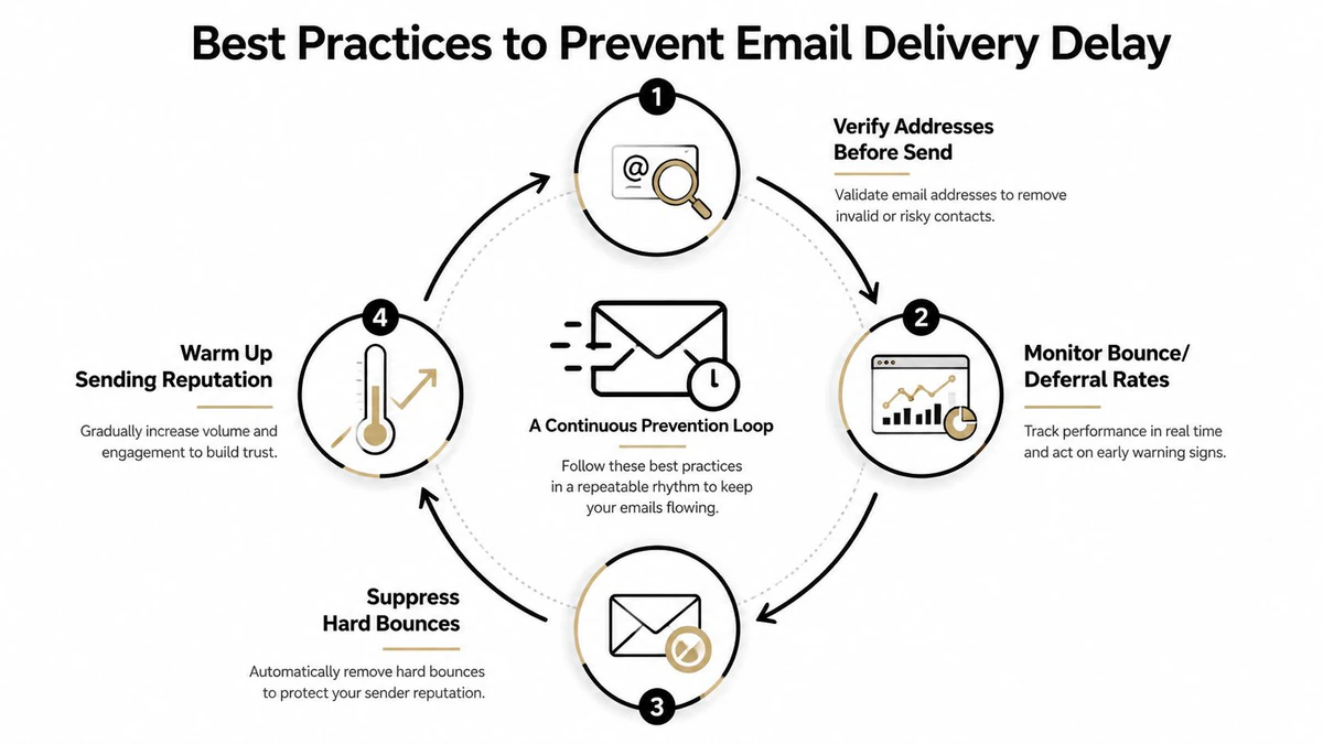 A circular diagram illustrating four key best practices to prevent email delivery delay for improved email marketing.