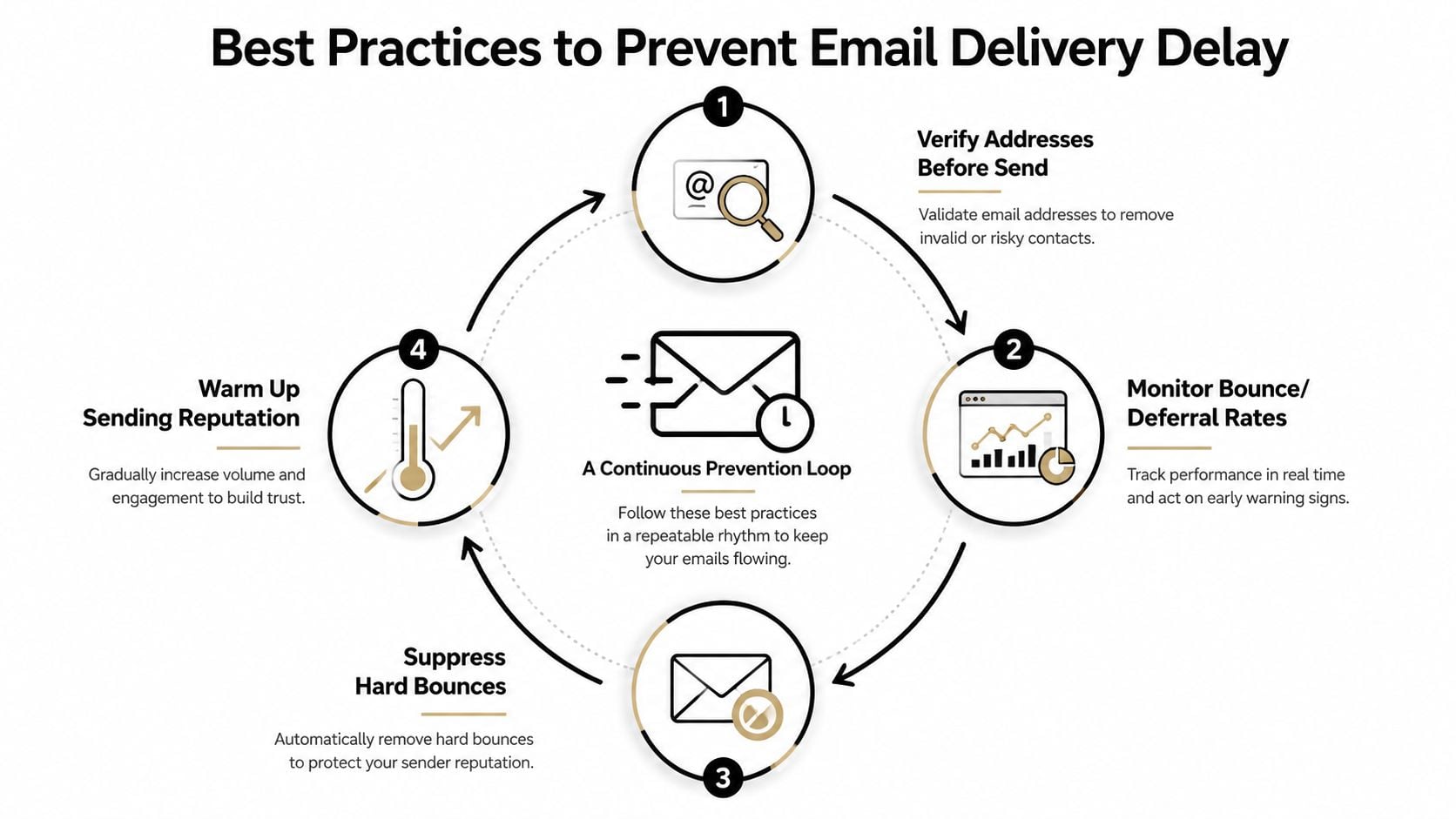 Ein kreisförmiges Diagramm mit vier wichtigen Best Practices zur Vermeidung von Verzögerungen bei der E-Mail-Zustellung für verbessertes E-Mail-Marketing.
