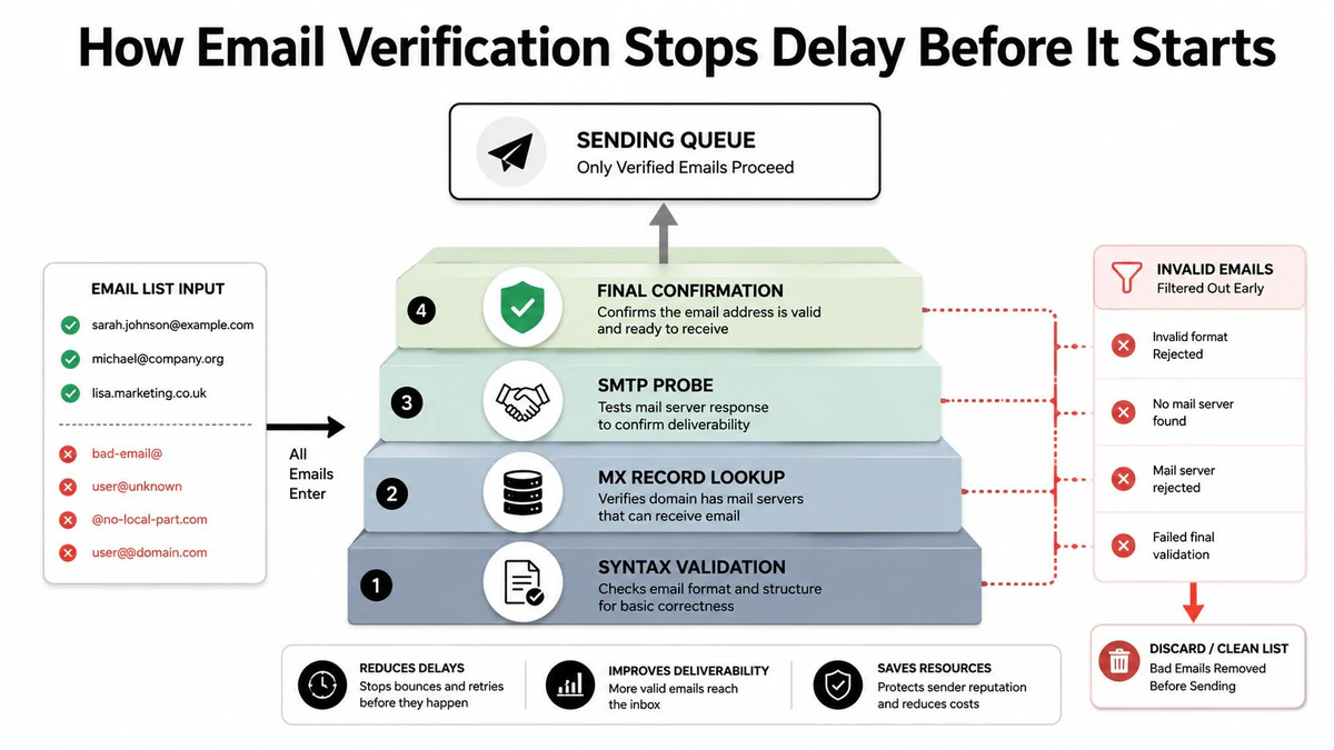 A diagram illustrating how email verification processes prevent delivery delays by filtering invalid addresses in four steps.