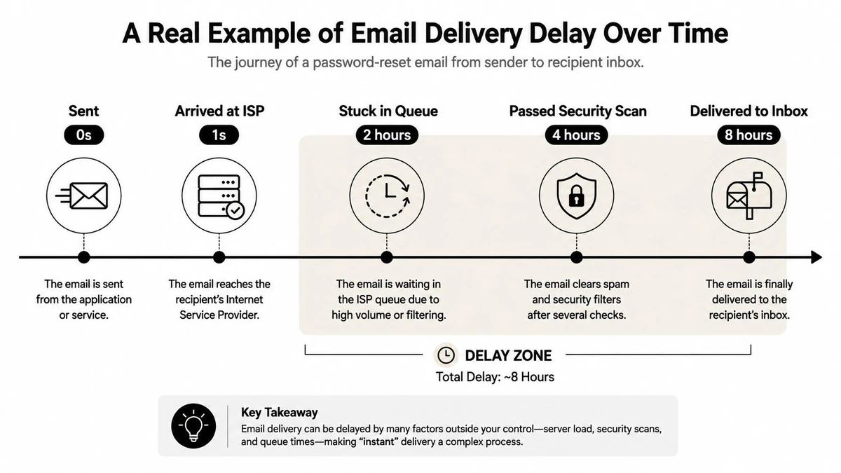 A timeline graphic showing the stages and cumulative time delays involved in email delivery.