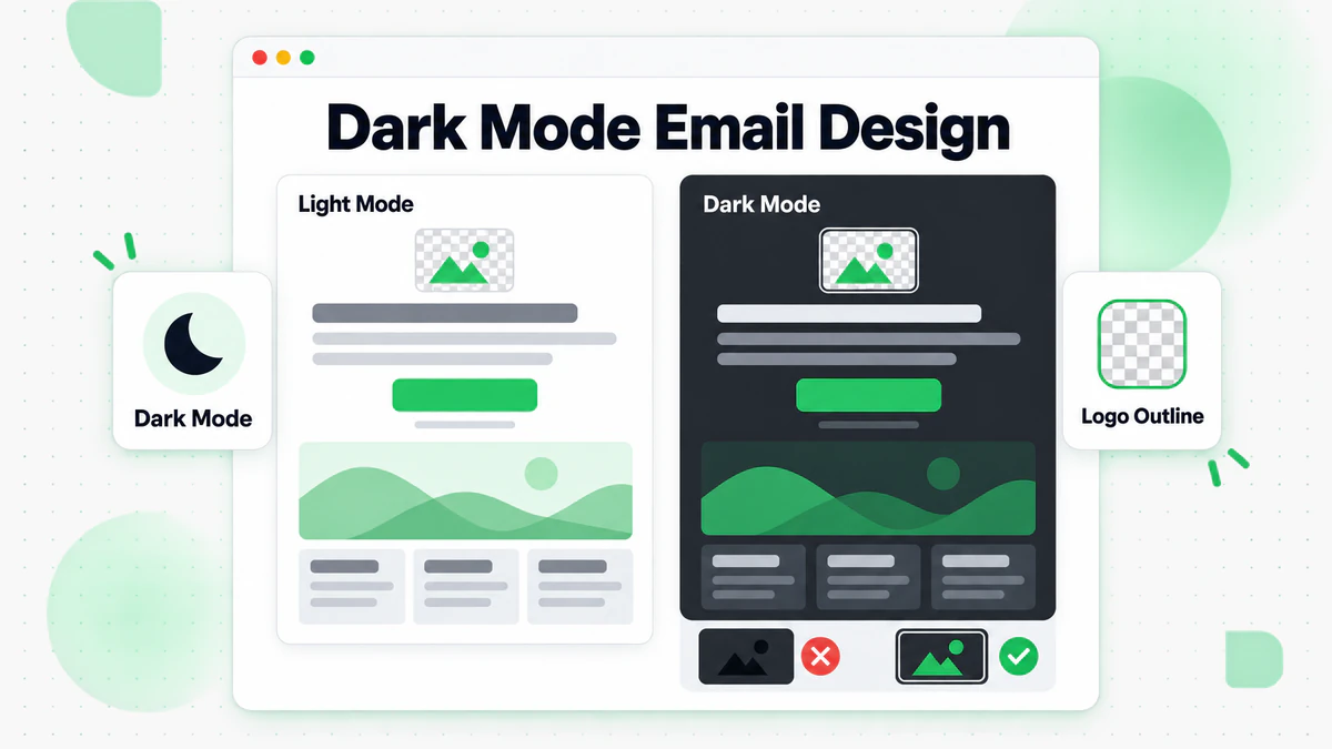 Dark mode email design comparing a light mode email with its dark mode version and a fixed logo