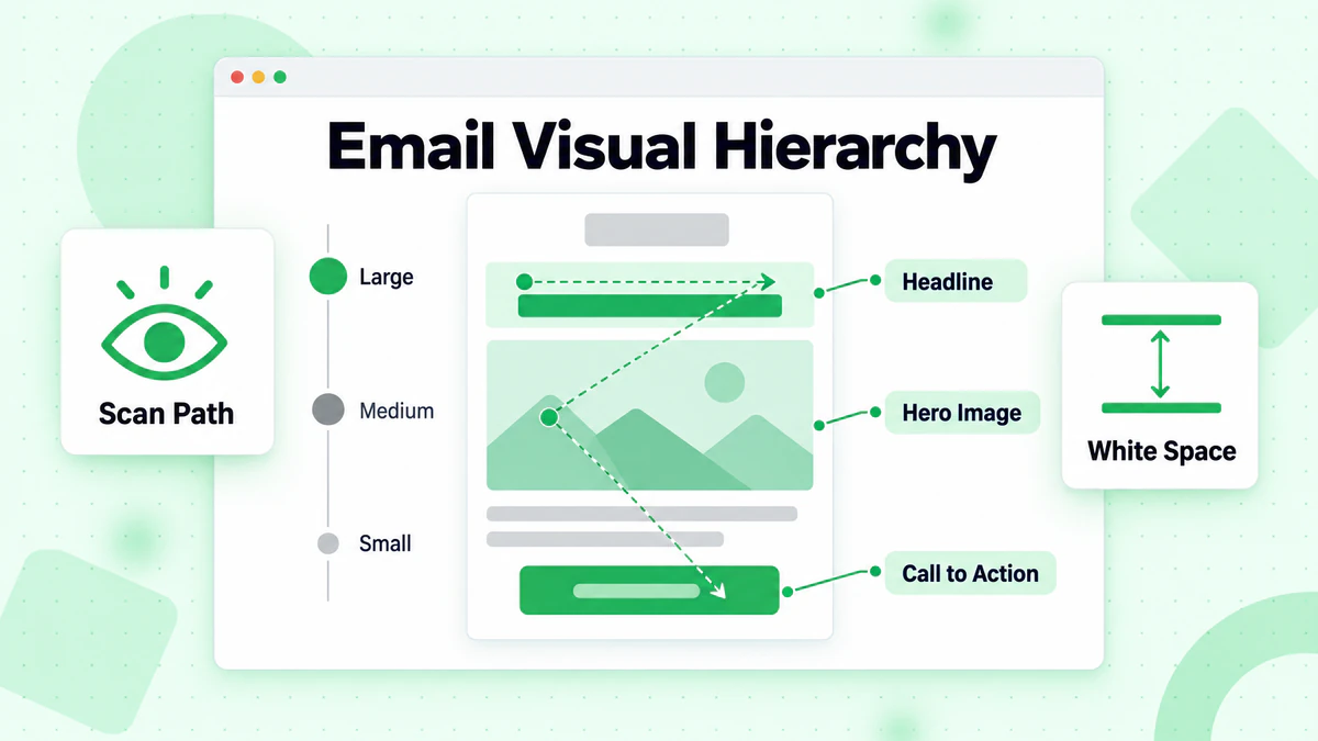 Email visual hierarchy layout guiding the eye from headline and hero image down to a call to action