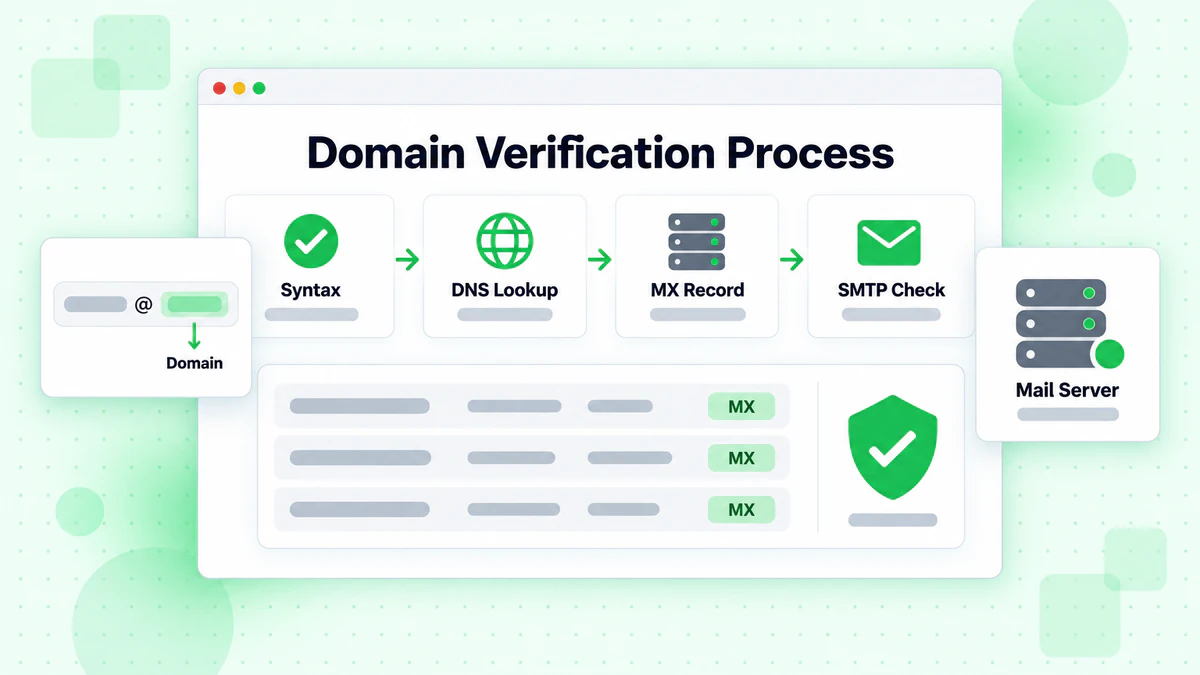 Proses teknikal pengesahan domain dalam empat langkah: sintaks, carian DNS, rekod MX dan SMTP