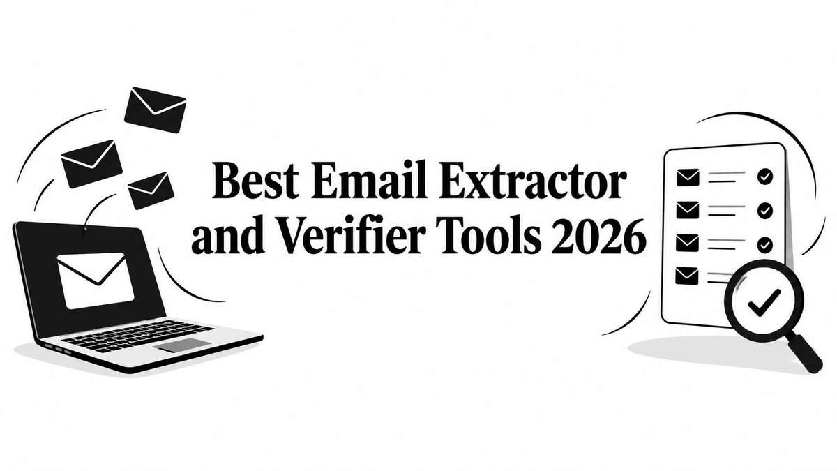 Title card reading Best Email Extractor and Verifier Tools 2026, with a laptop, envelopes and a checklist