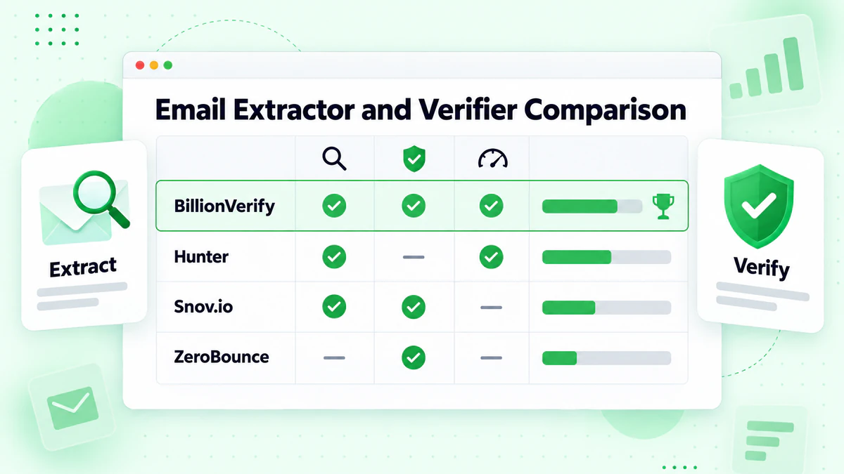 Email extractor and verifier comparison table for BillionVerify, Hunter, Snov.io and ZeroBounce