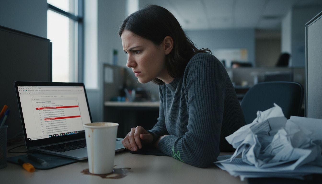 Usuário examinando endereços de email rejeitados em laptop