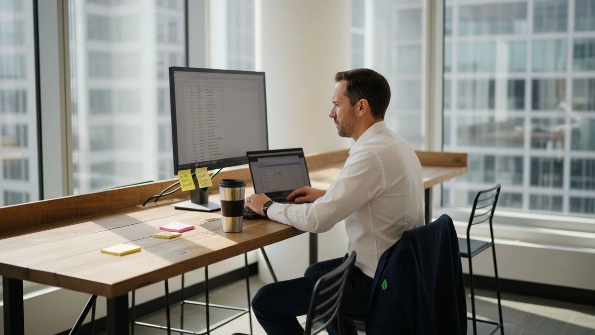 Man at a window desk with a monitor and laptop reviewing the role of email hygiene in marketing