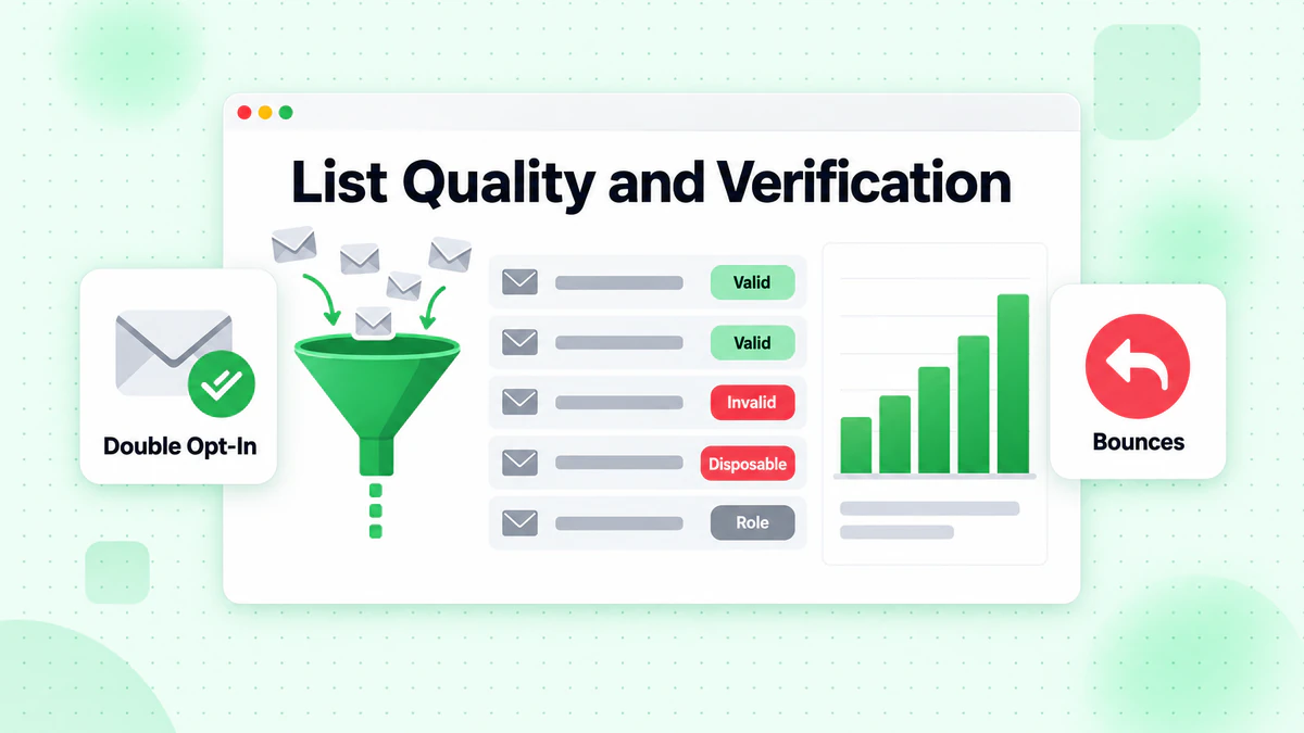List quality and verification funnel sorting new subscribers into valid, invalid and role