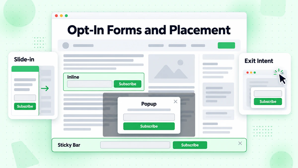 Opt-in forms and placement on a website: inline form, popup, sticky bar and slide-in