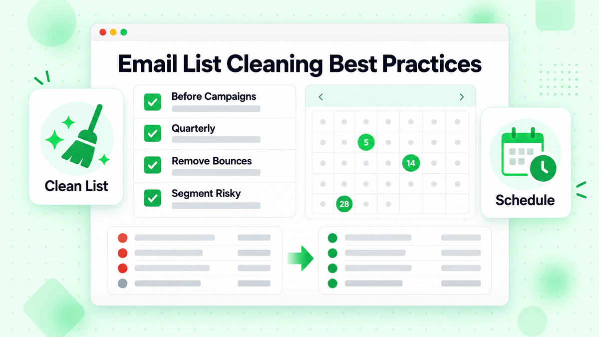 Email list cleaning best practices checklist with a cleaning calendar and before-after list