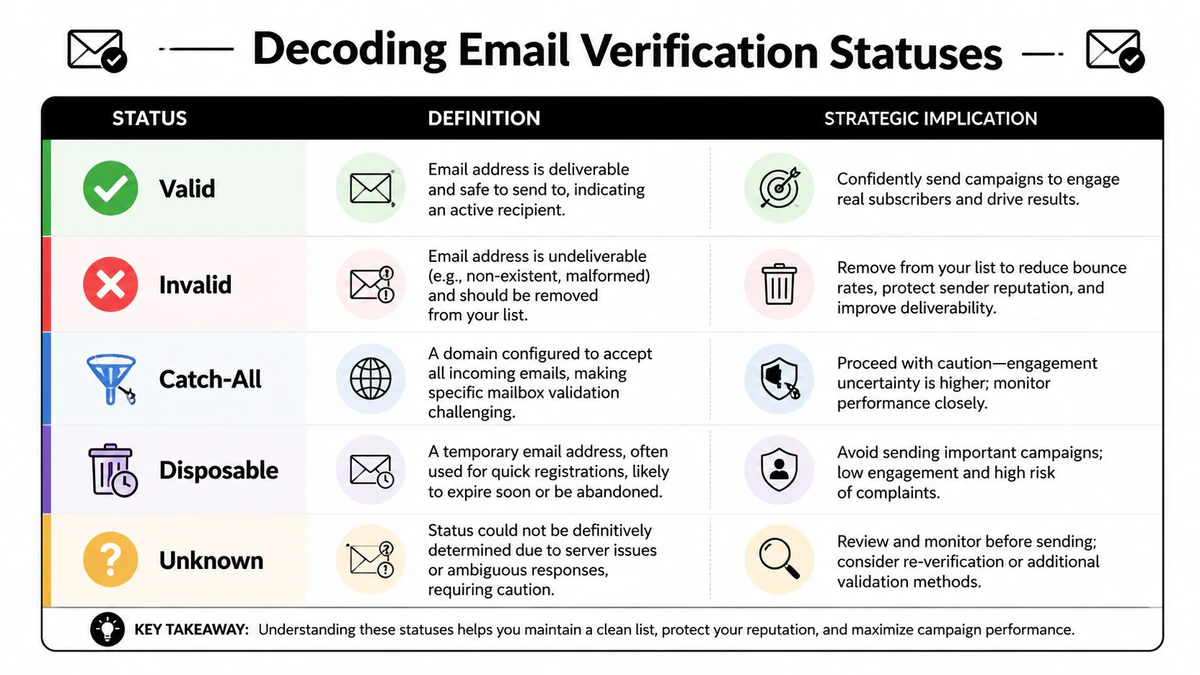 Um gráfico explicando status comuns de verificação de email, incluindo categorias válidas, inválidas, catch-all, descartáveis e desconhecidas.