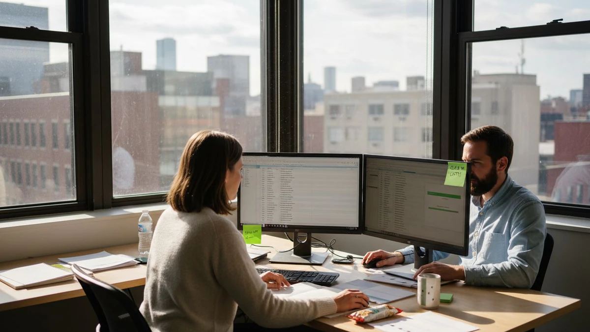 Two coworkers at dual monitors reviewing data to create email list cleaning schedule plans