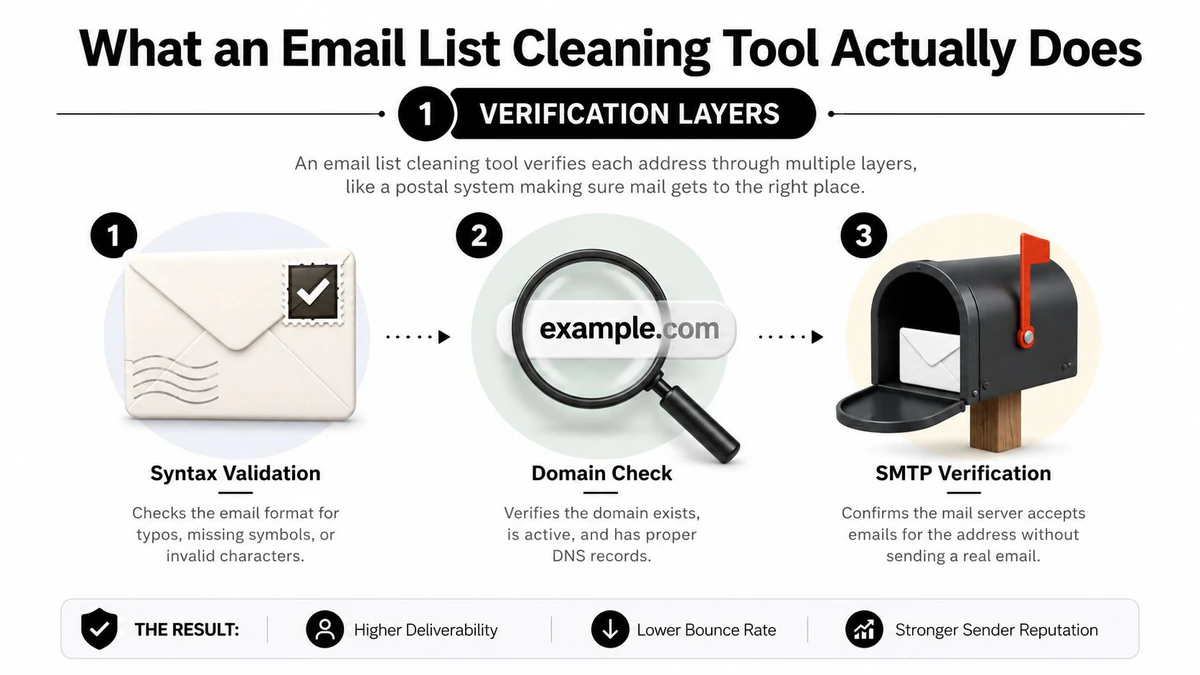 An infographic showing three steps of email list cleaning: syntax validation, domain check, and SMTP verification.