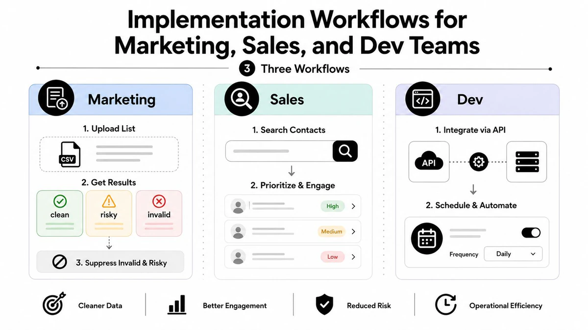 A workflow diagram illustrating data management processes for marketing, sales, and development teams to improve data quality.