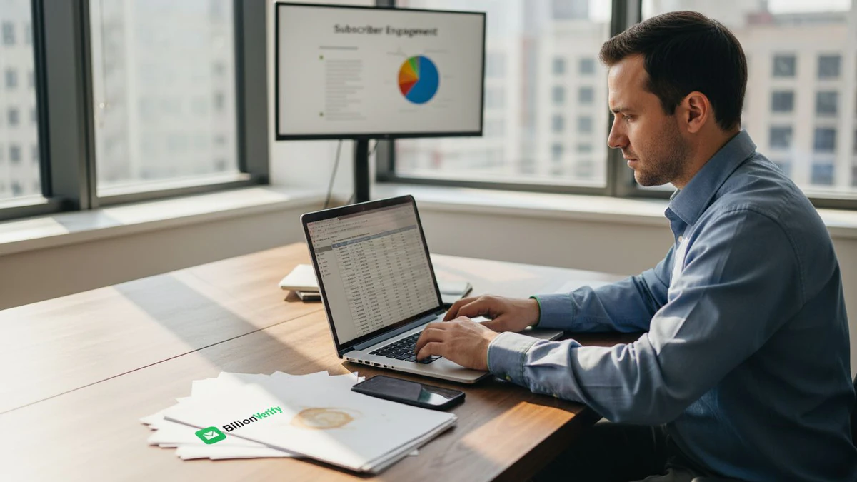 Man in a blue shirt reviewing subscriber data on a laptop for a guide to what is email list hygiene in 2026
