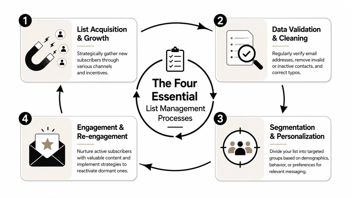 A circular flow diagram illustrating the four essential processes for effective email list management and optimization.