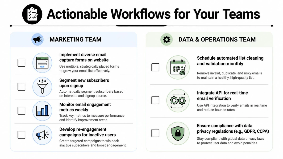 A workflow chart comparing email marketing strategies for the marketing team and data operations team.