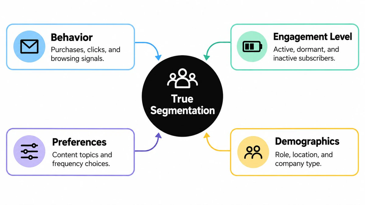 A diagram illustrating the four core components of true email list segmentation: behavior, engagement level, preferences, and demographics.