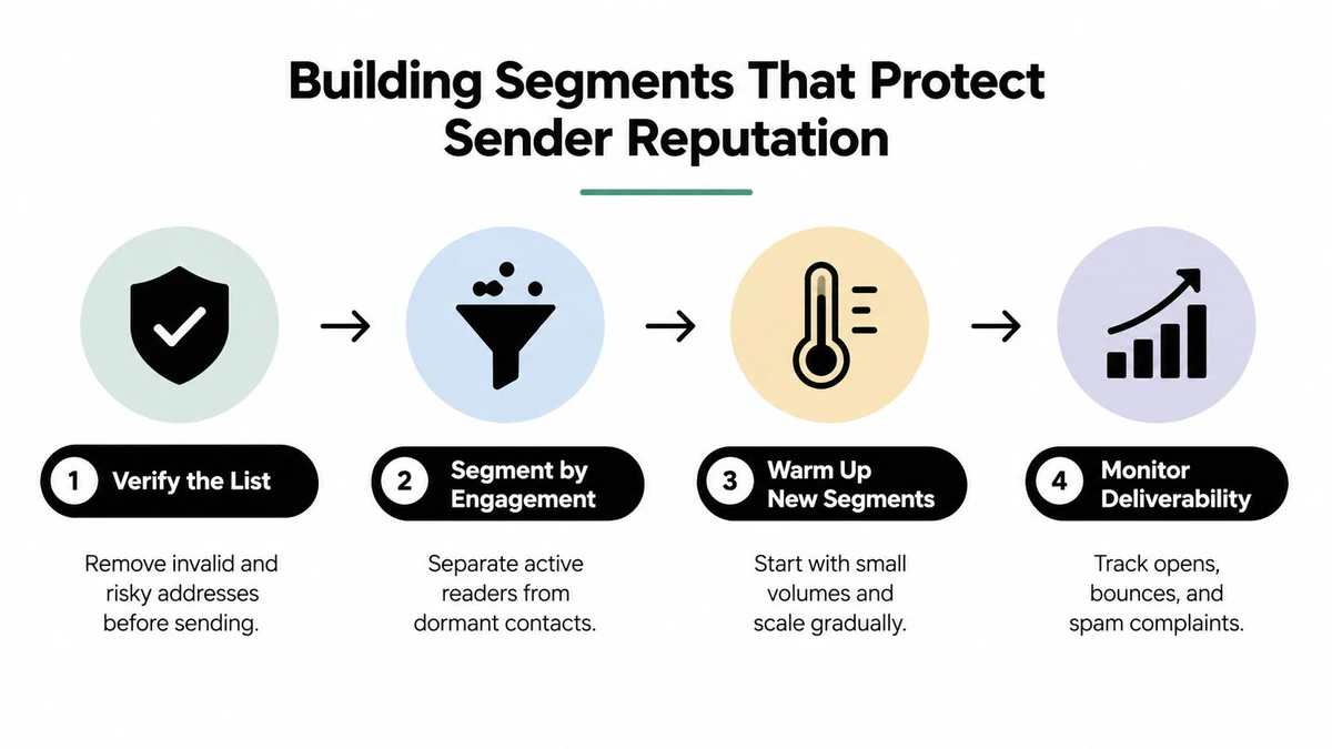 A four-step infographic illustrating how to protect sender reputation through email list segmentation best practices.