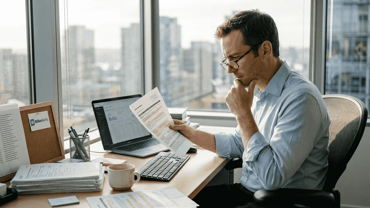 Man in glasses at a desk reading a printed cold email vs spam report beside a laptop