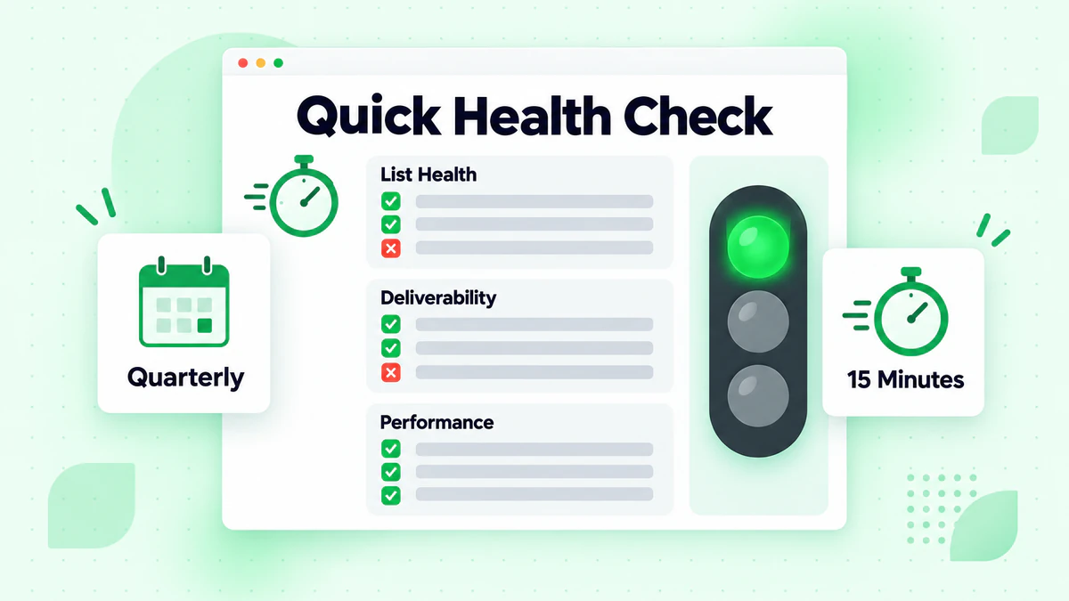 Controllo rapido della salute con checklist su lista, deliverability e prestazioni e un cronometro