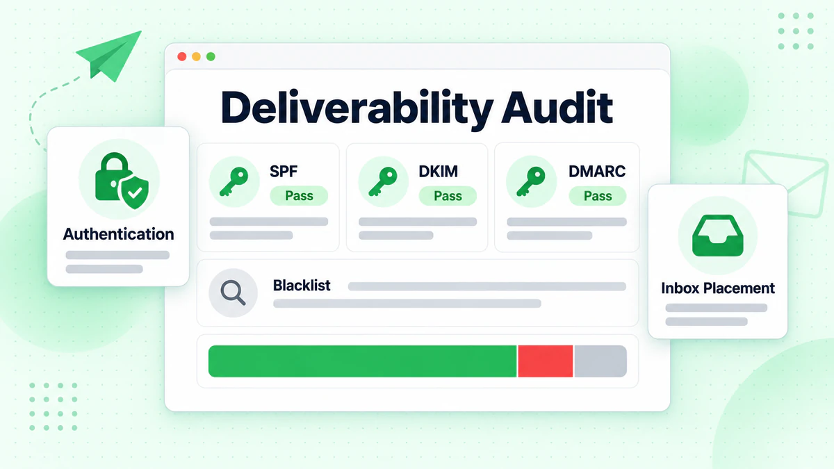 Audit di deliverability con badge SPF, DKIM e DMARC superati e barra di posizionamento in inbox
