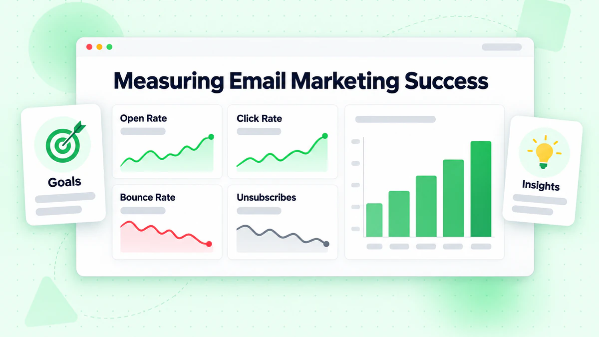 Measuring email marketing success with open, click, bounce and unsubscribe tiles and a bar chart