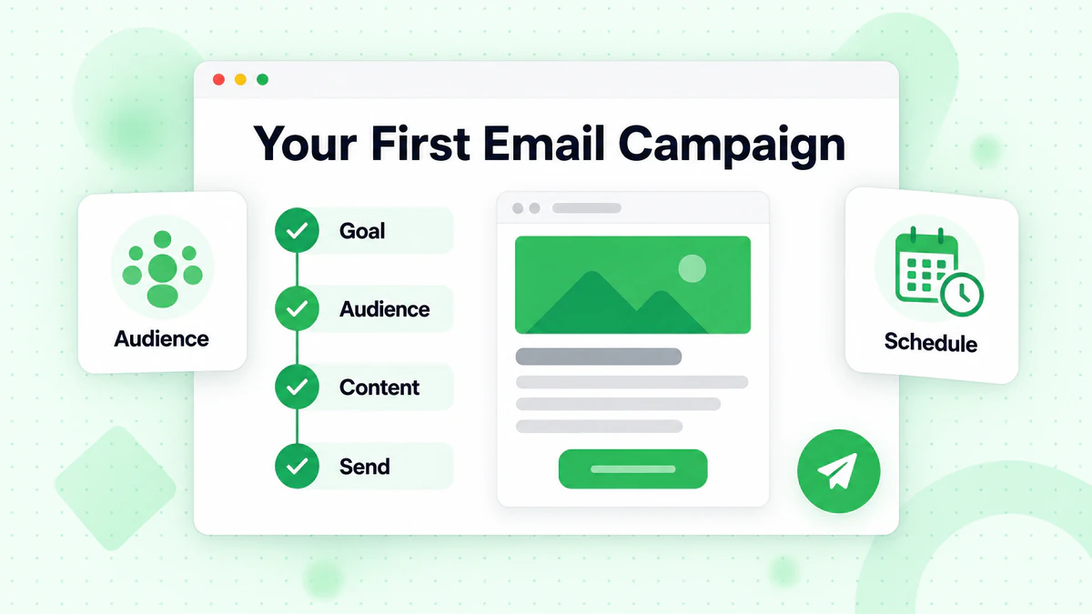 Your first email campaign in a builder: goal, audience, content and send steps with preview