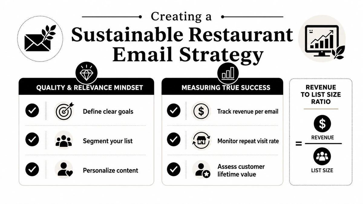 A professional infographic outlining strategies for sustainable restaurant email marketing, focusing on quality content and performance tracking.
