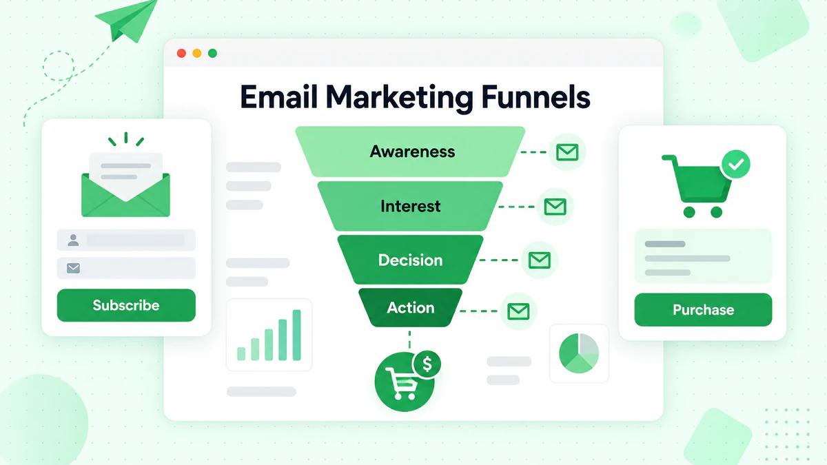 Email marketing funnels with awareness, interest, decision and action stages and email touchpoints