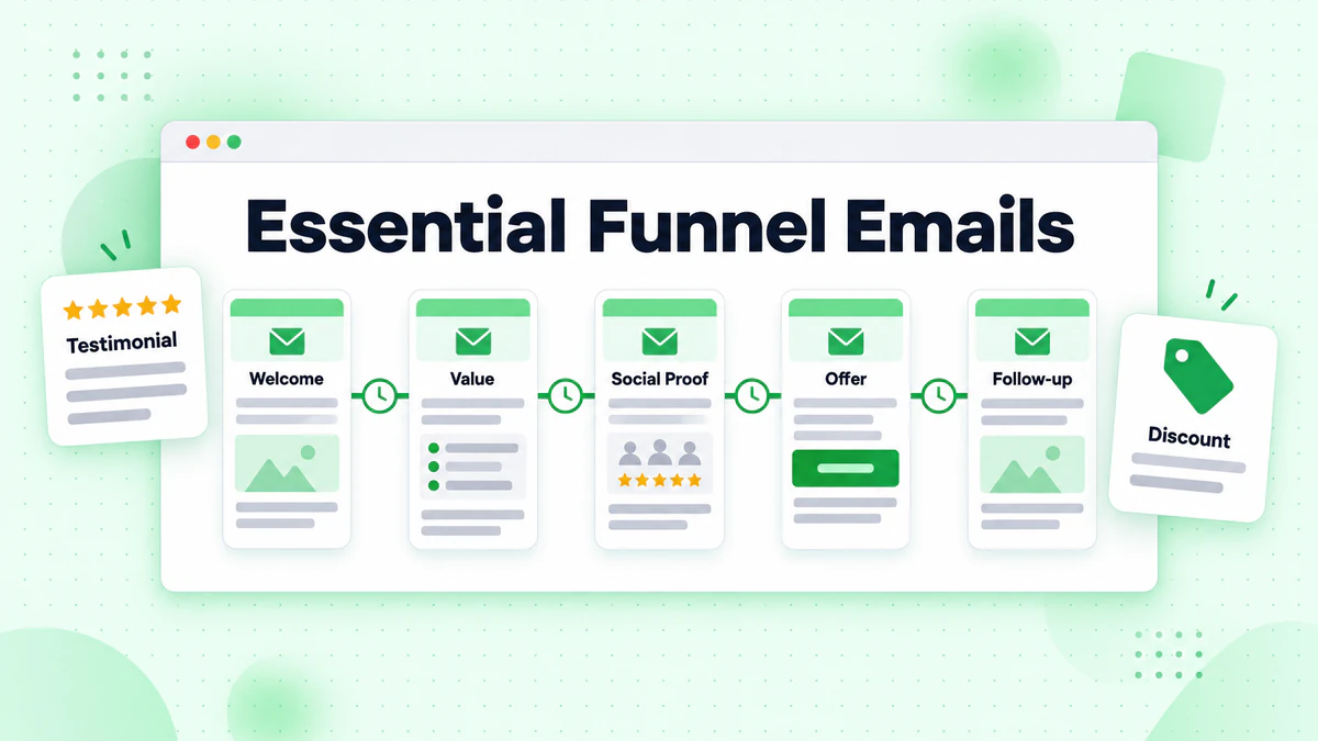 Essential funnel emails on a timeline: welcome, value, social proof, offer and follow-up