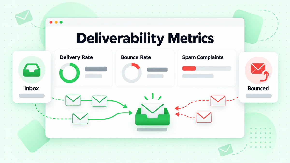 Zustellbarkeitsmetriken als Karten: Zustellrate, Bounce-Rate und Spam-Beschwerden mit Umschlagfluss