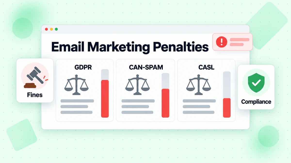 E-mailmarketing boetes onder AVG, CAN-SPAM en CASL met rode ernstbalken en een rechtershamer
