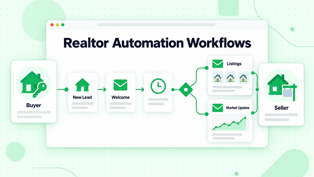 Realtor automation workflows: new lead trigger, welcome email, listings and market update branches