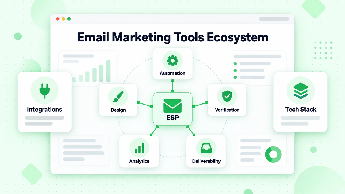E-Mail-Marketing-Tools-Ökosystem mit ESP als Zentrale für Automatisierung, Verifizierung und Analyse