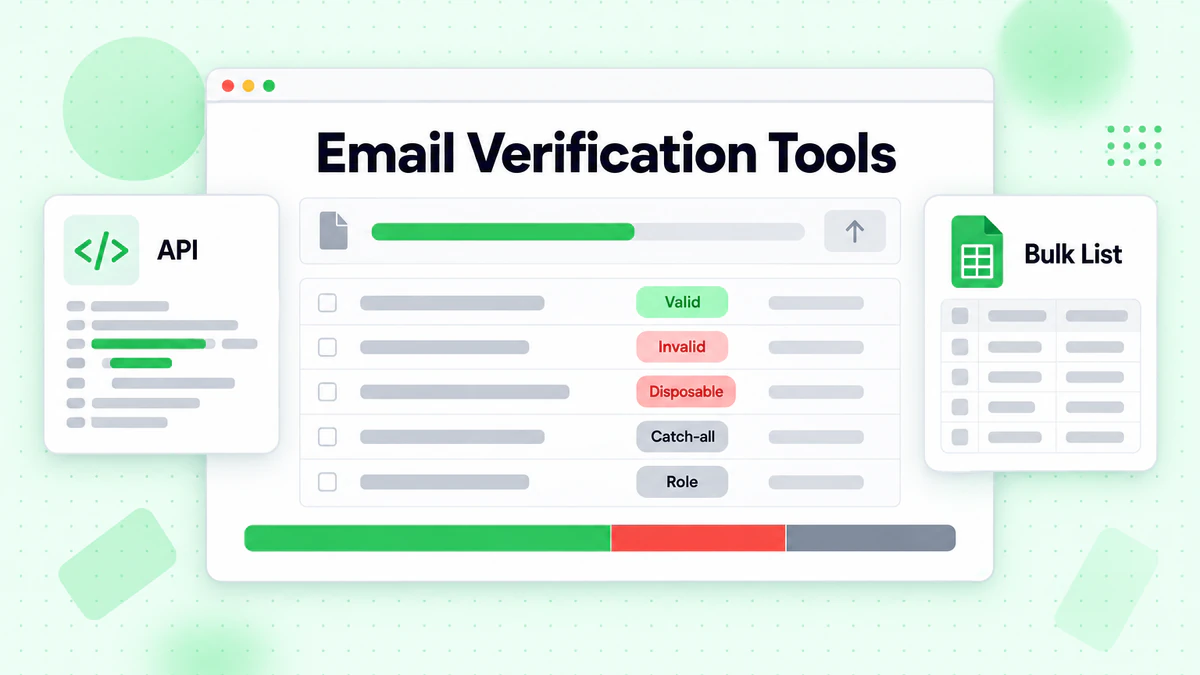 Ergebnistabelle von E-Mail-Verifizierungs-Tools mit Badges für gültig, ungültig, Wegwerf, Catch-all, Rolle