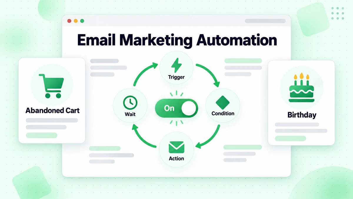 Email marketing automation loop of trigger, condition, action and wait with a toggle switch